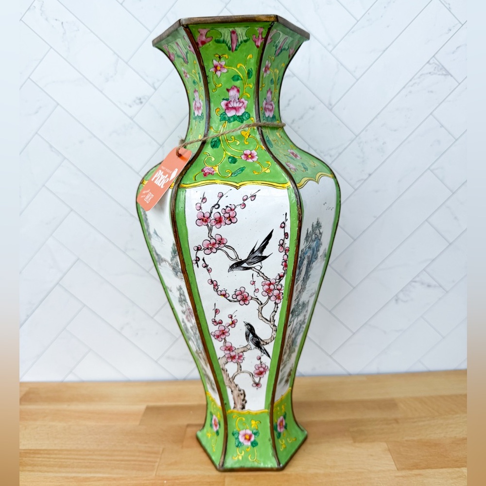 Chinese Canton Enamel Hexagon Vase 14”